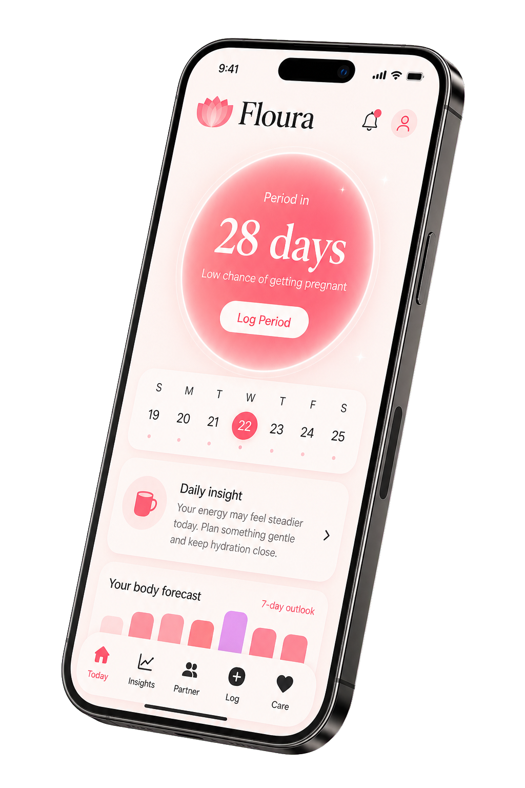Floura app Today screen shown inside a premium angled iPhone render